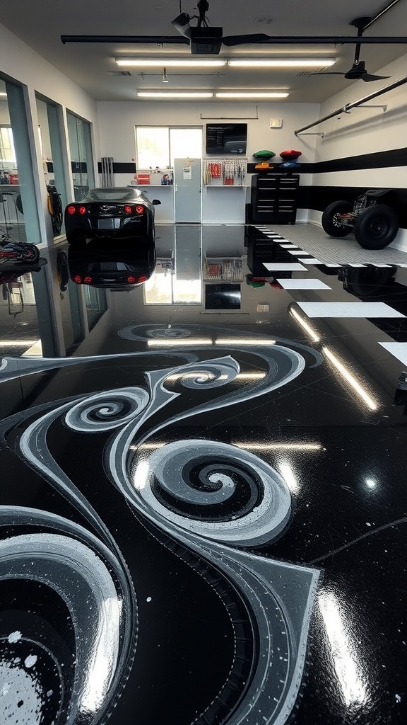 A sleek black epoxy garage floor with dynamic white swirl patterns and a shiny finish.