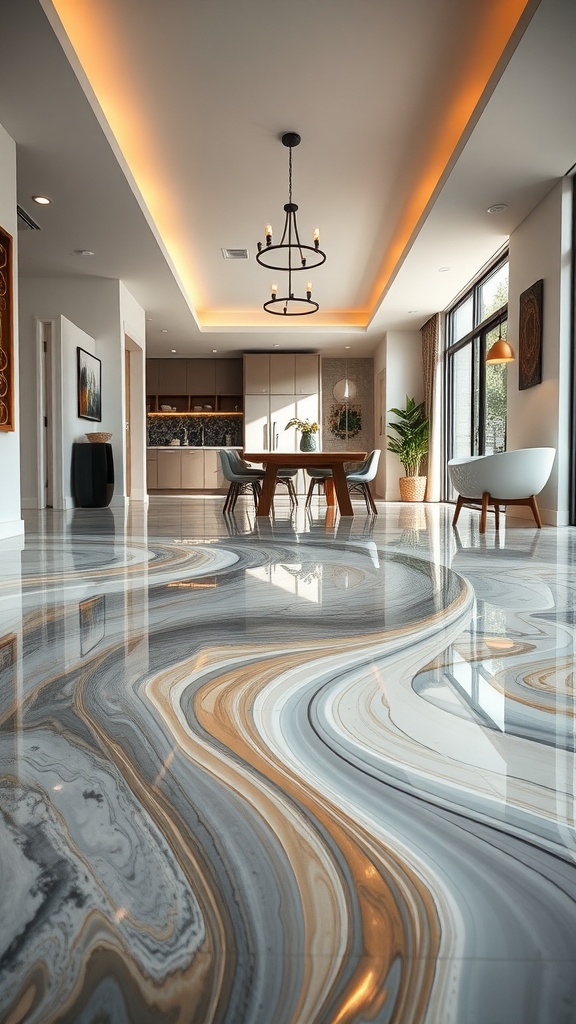 A modern living space featuring dynamic swirling colors in a metallic epoxy floor.