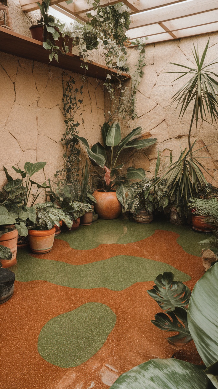 A beautifully designed indoor space with earthy brown and green epoxy flooring, surrounded by plants and natural light.