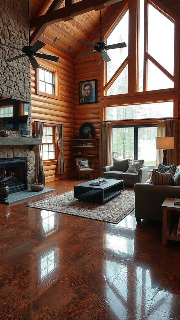 A spacious living room featuring polished wood floors and a stone fireplace.
