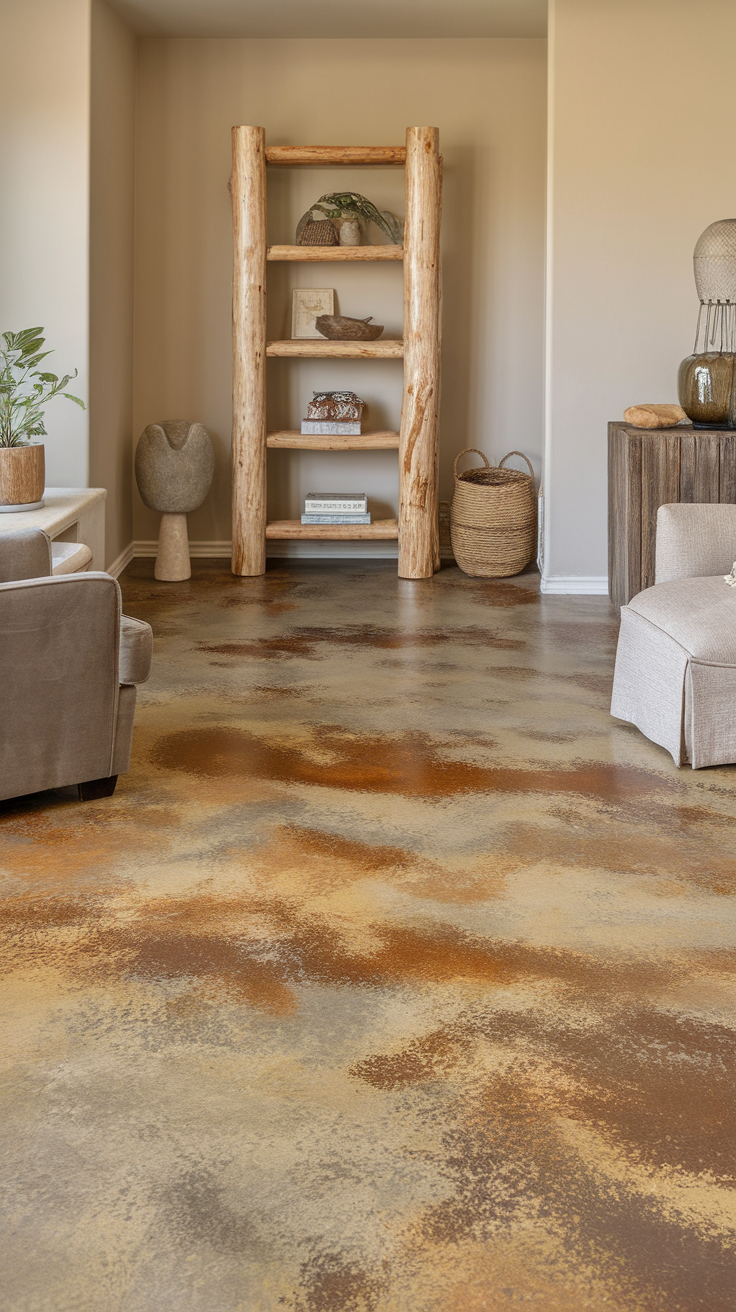 Cozy living space with earthy epoxy floor in shades of brown and gray.