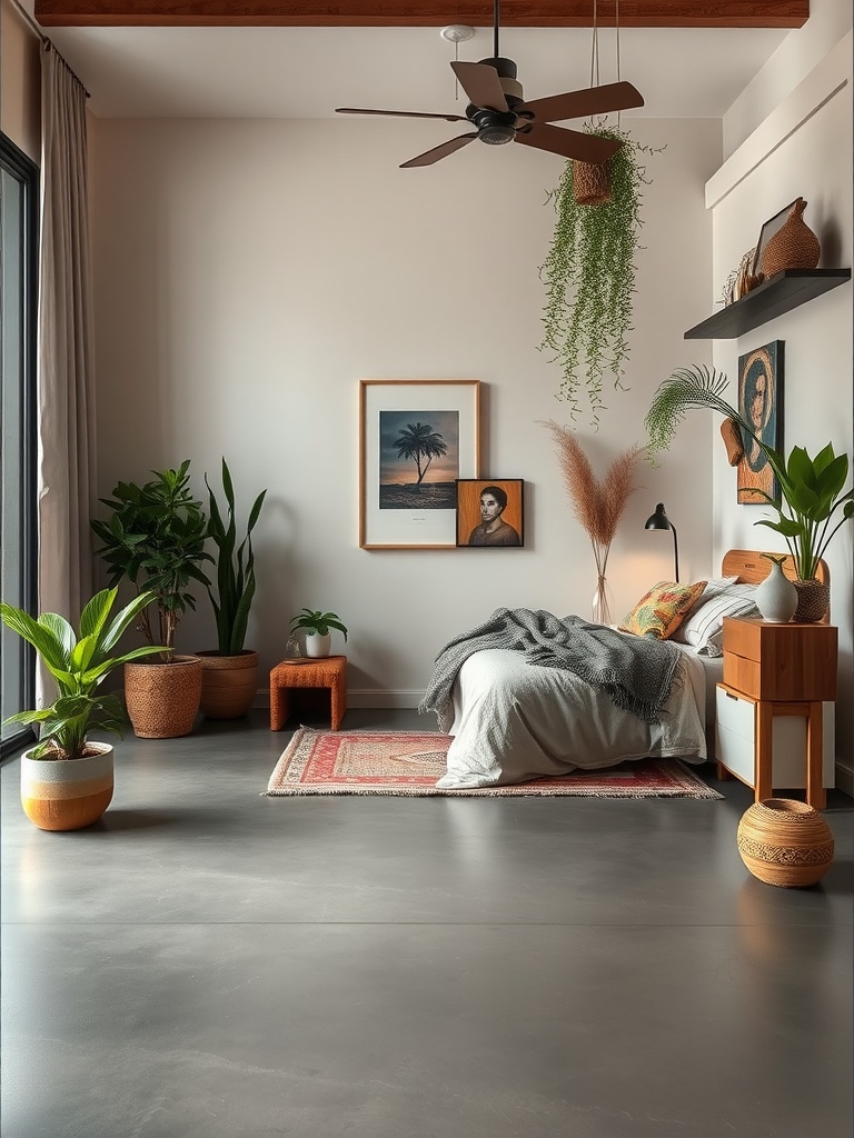 A cozy bedroom with matte epoxy floors, featuring earthy decor and warm lighting.