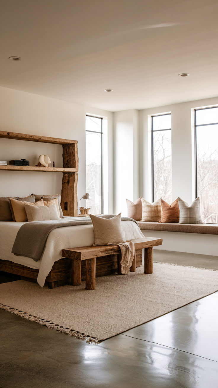 Cozy bedroom with reclaimed wood furniture and polished concrete floors