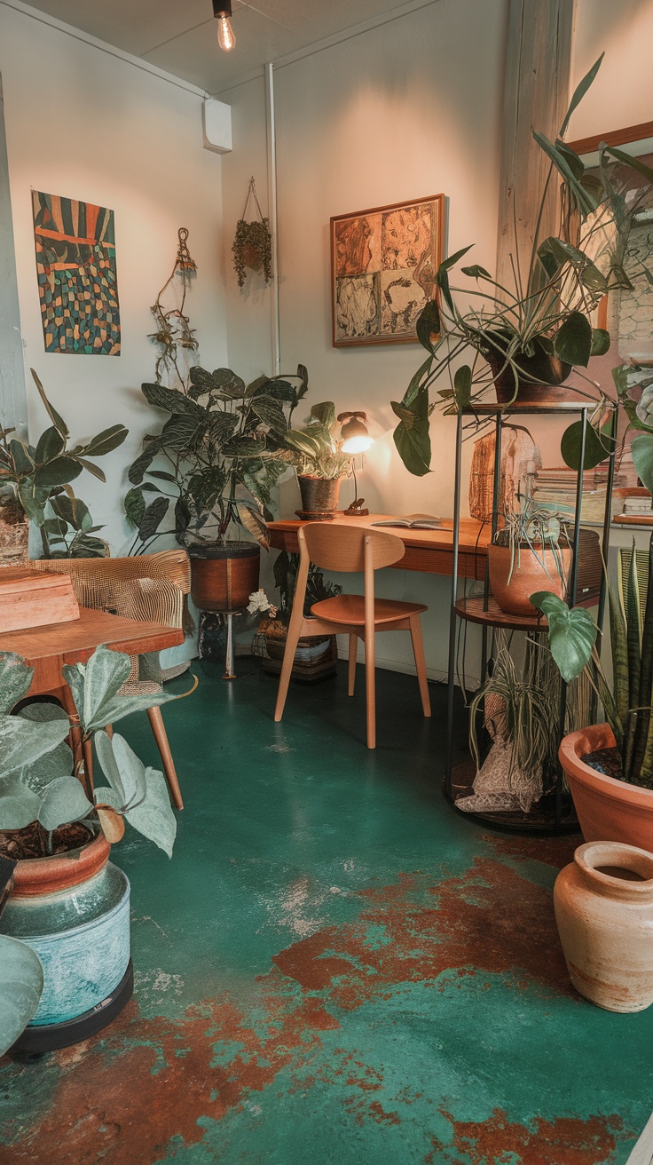 A cozy room with earthy green epoxy flooring surrounded by plants and wooden furniture.
