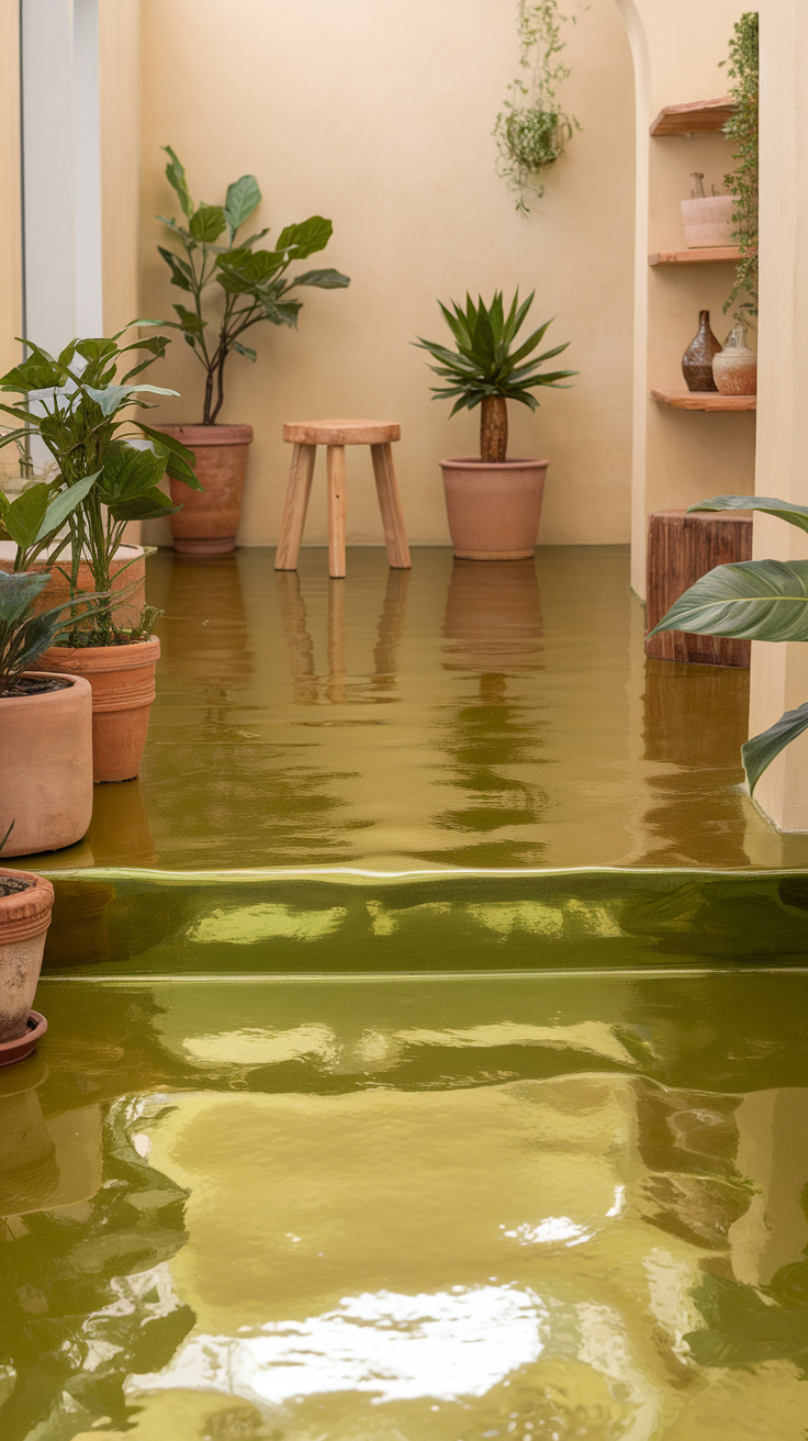 A room with metallic green epoxy flooring surrounded by plants.