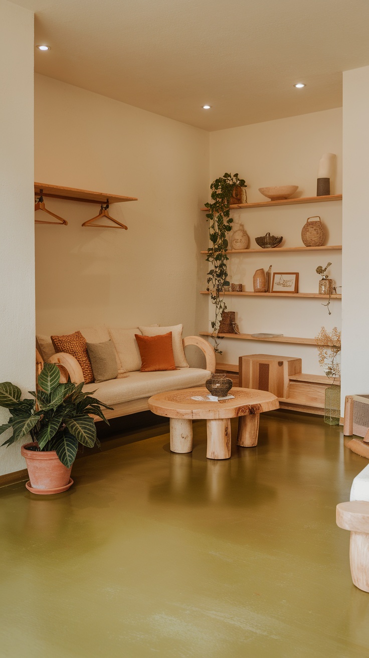 A cozy living space featuring earthy olive green epoxy flooring with natural wood furniture and decor.