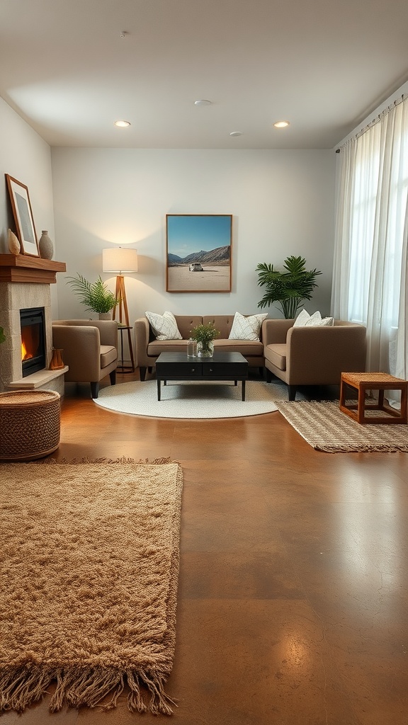Cozy living room with earthy tone accents and concrete floors