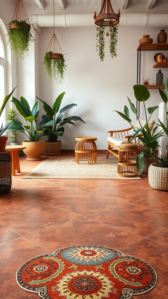 Cozy room with earthy epoxy floor, plants, and boho decor.