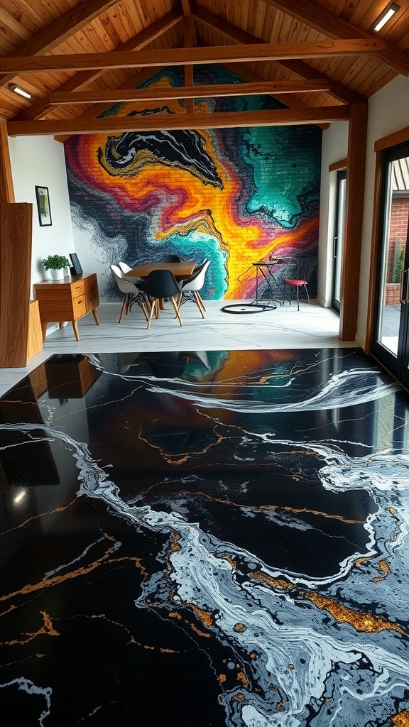 A stylish interior featuring an epoxy floor with earthy tones, resembling a marble effect, and a vibrant wall mural in the background.