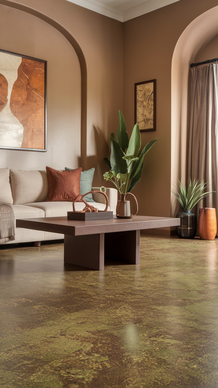Living room featuring earthy tones with a coffee table and plants.