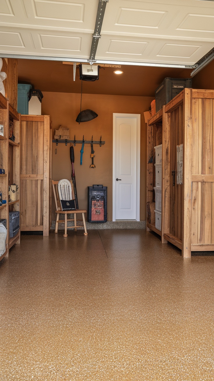A stylish garage with earthy tone walls and a warm epoxy flake floor