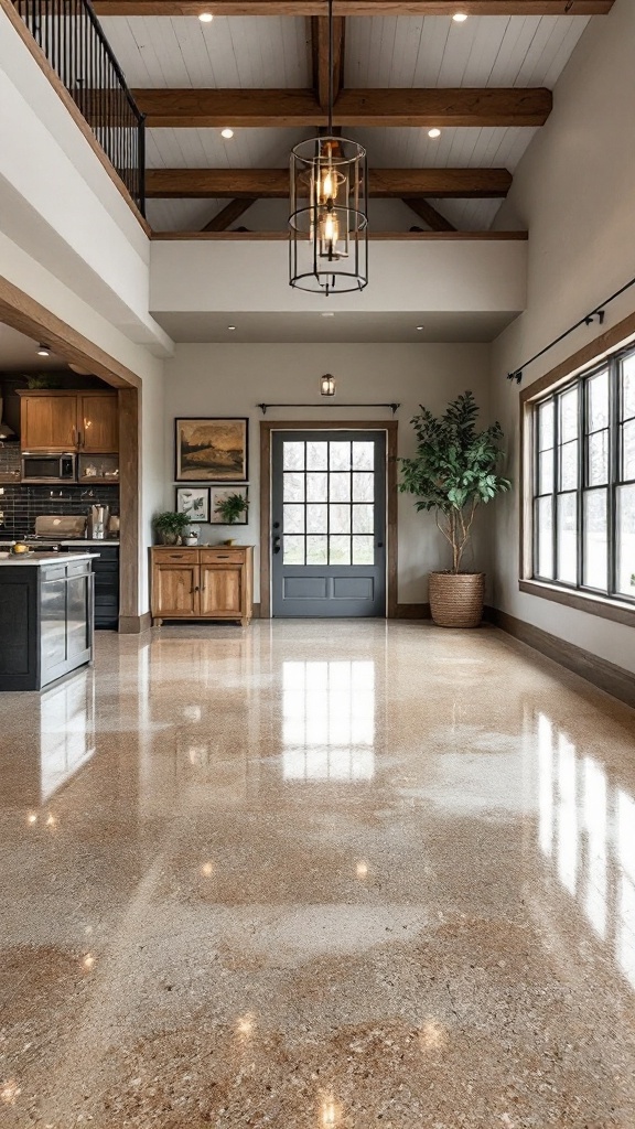 Interior view of a barndominium with earthy toned epoxy flooring and rustic decor.