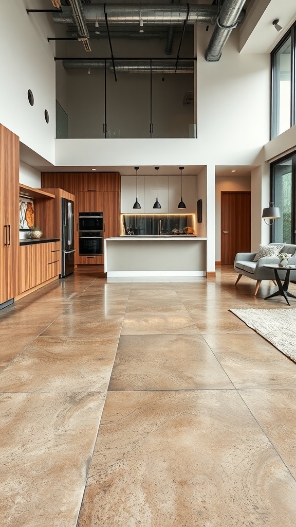 A modern kitchen with earthy-toned epoxy concrete floor featuring aggregate textures.