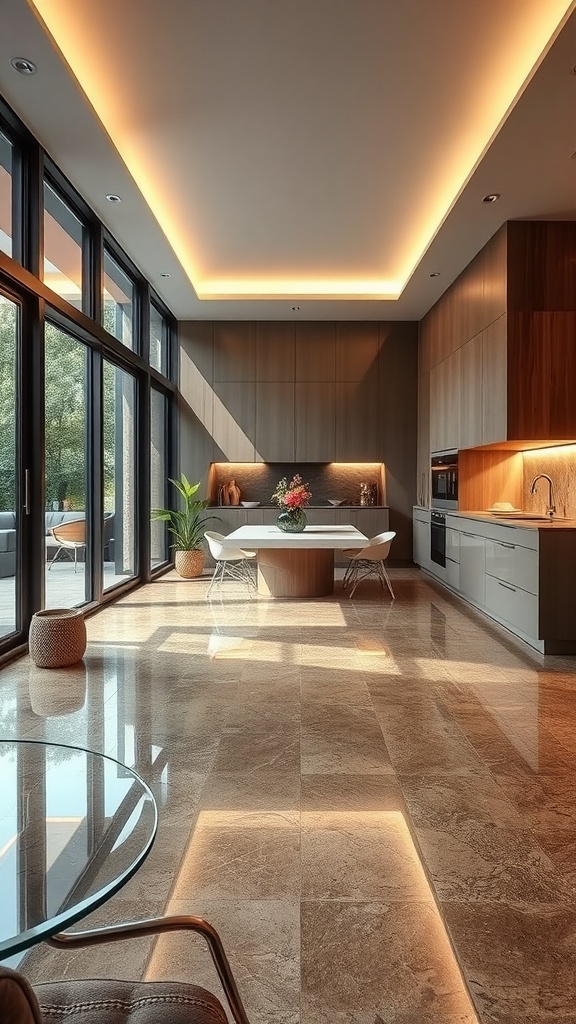 A stylish living room featuring an epoxy floor with earthy tones and natural stone look, complemented by modern architecture.