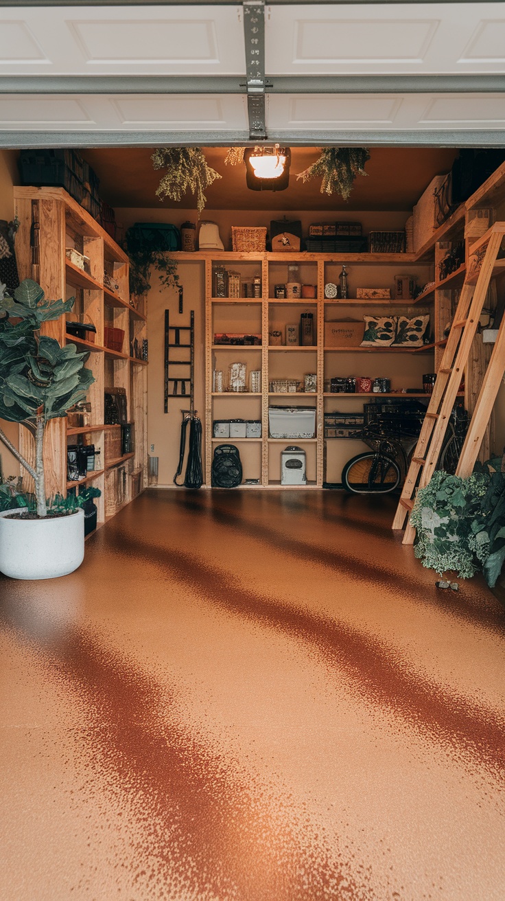 A garage with an earthy toned floor featuring rustic flakes, well-organized shelves, plants, and soft lighting creating a warm atmosphere.