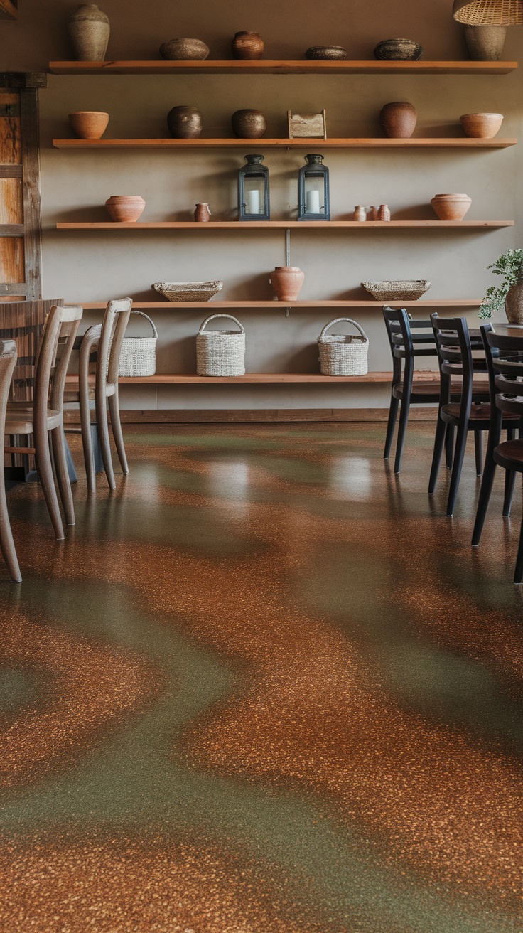 Epoxy flake floor in earthy tones with rustic design elements.