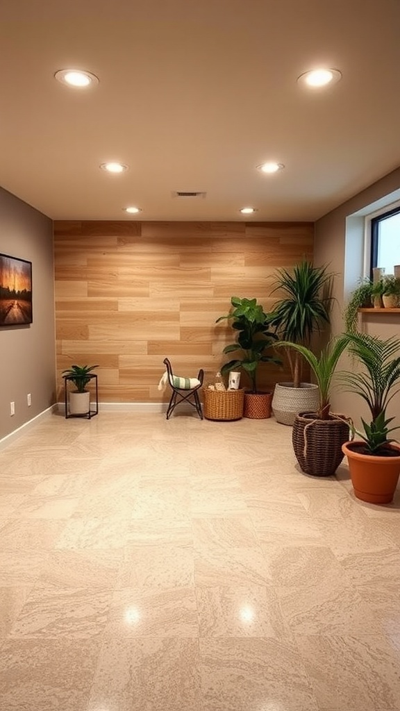 A well-organized basement with shiny epoxy flooring, featuring a man standing and cleaning.