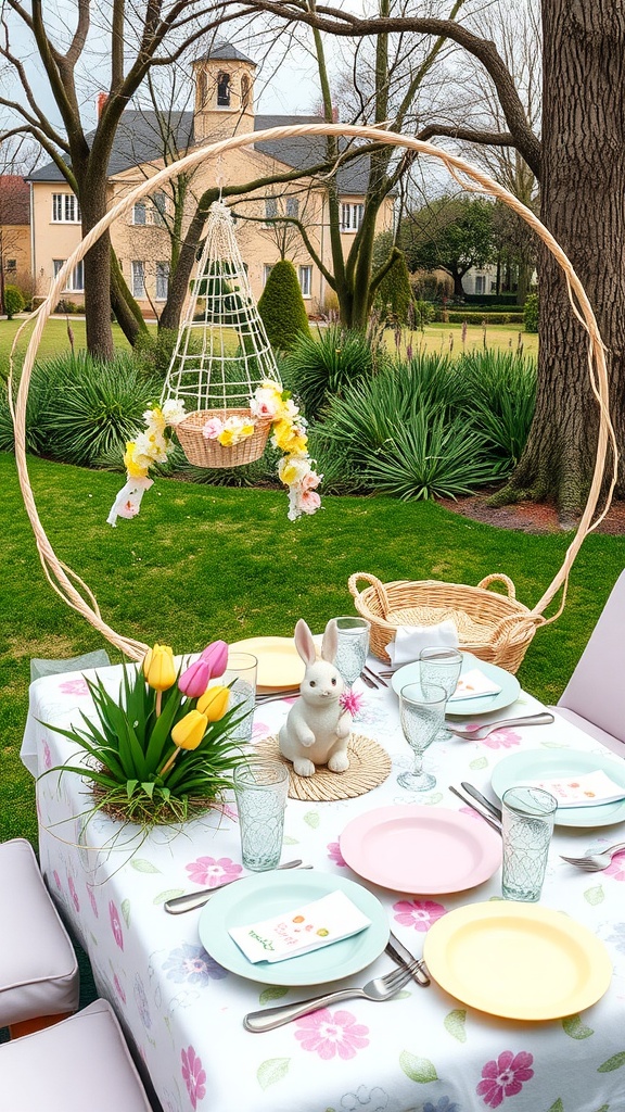 Easter-themed picnic setup with colorful plates, a bunny figurine, and blooming tulips.