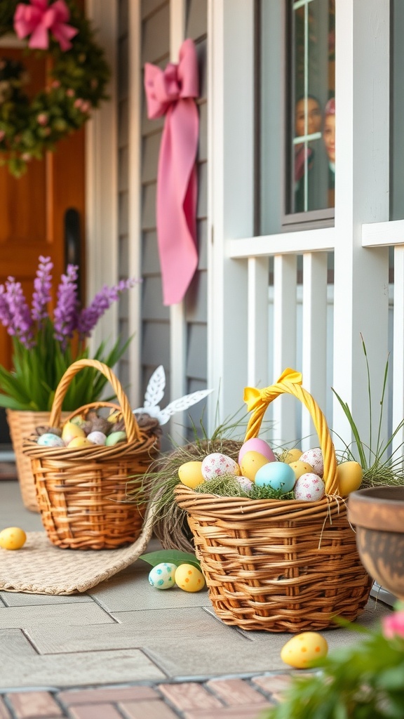 Two wicker baskets filled with colorful Easter eggs on a porch, surrounded by greenery and pastel decorations.