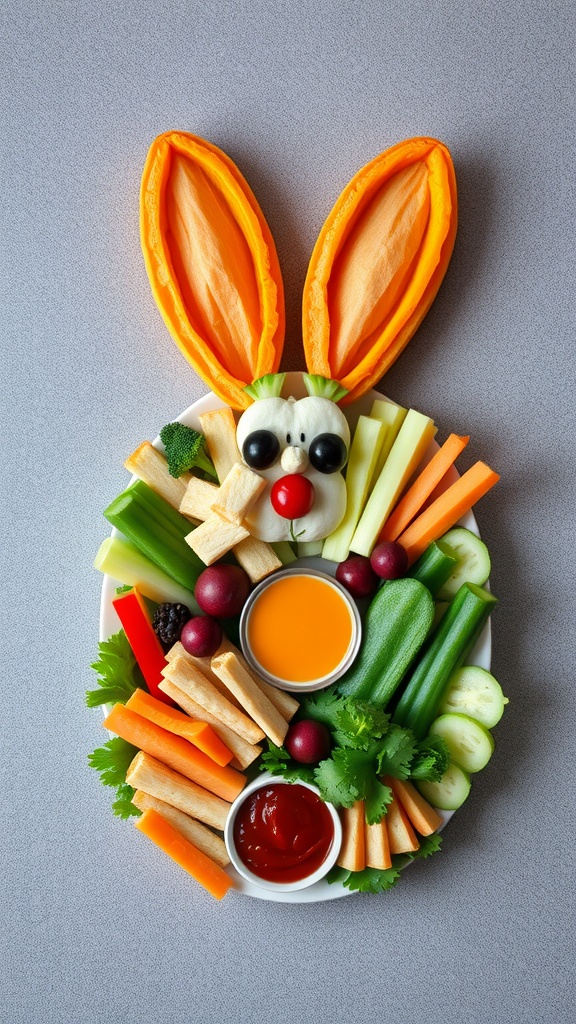 A colorful vegetable platter shaped like an Easter bunny with various fresh vegetables and a dip.