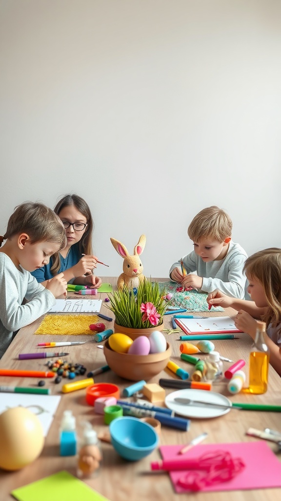 Colorful crafting supplies laid out on a table for Easter crafts.
