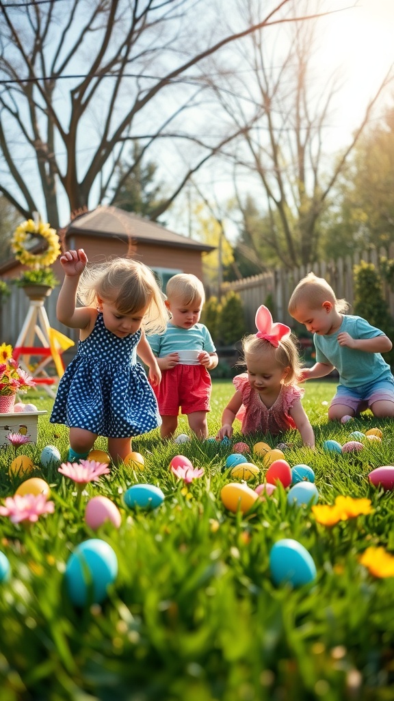 Colorful Easter eggs and children enjoying an egg hunt in a garden.