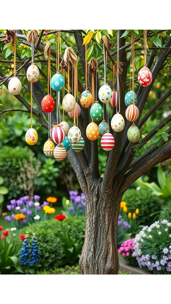 An Easter tree decorated with colorful hanging ornaments in a vibrant garden