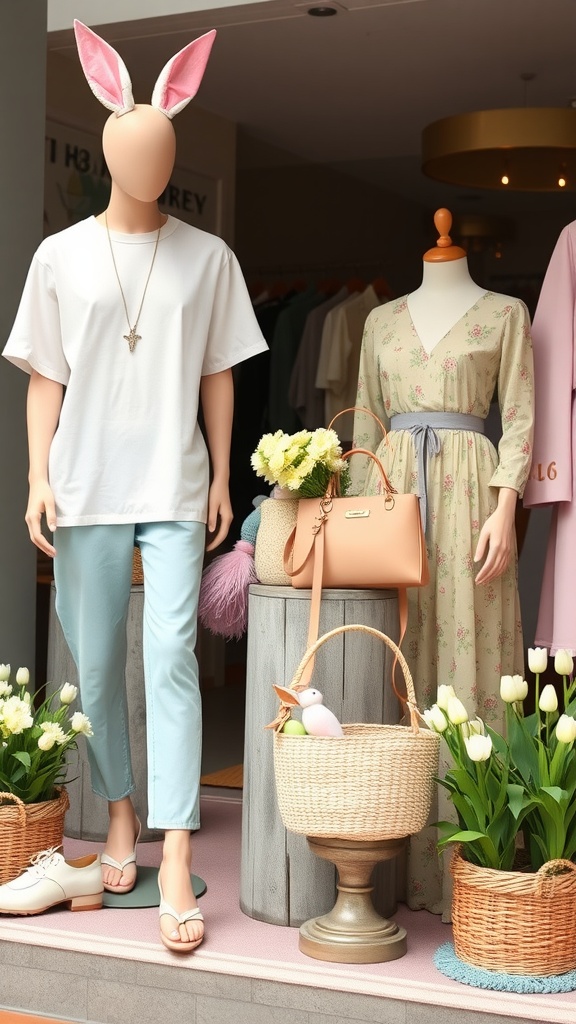 A display of festive Easter fashion with pastel colors and floral designs, perfect for spring celebrations.