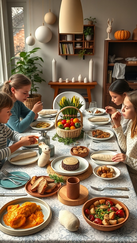 A beautifully set dining table for an Easter family gathering with various dishes and decorations.