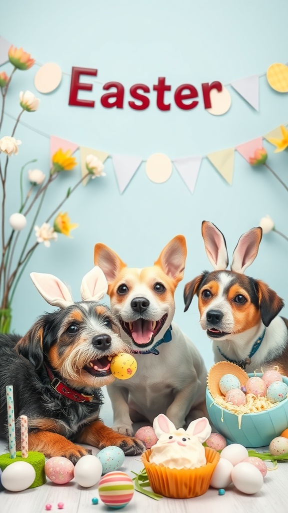 Three happy dogs with bunny ears surrounded by colorful Easter treats and decorations.