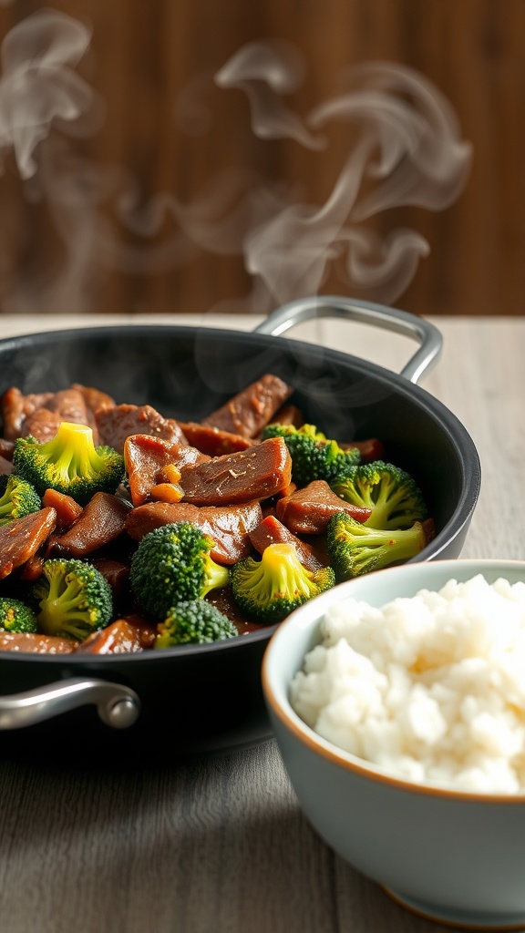 A delicious beef and broccoli stir-fry served with rice.