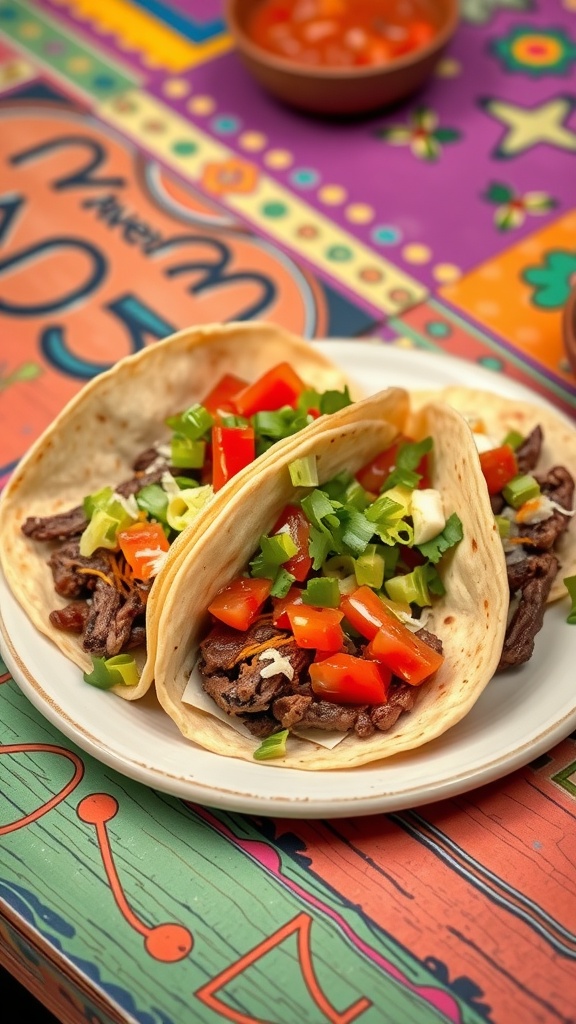 A close-up of two beef tacos filled with meat, tomatoes, and green onions on a colorful table.