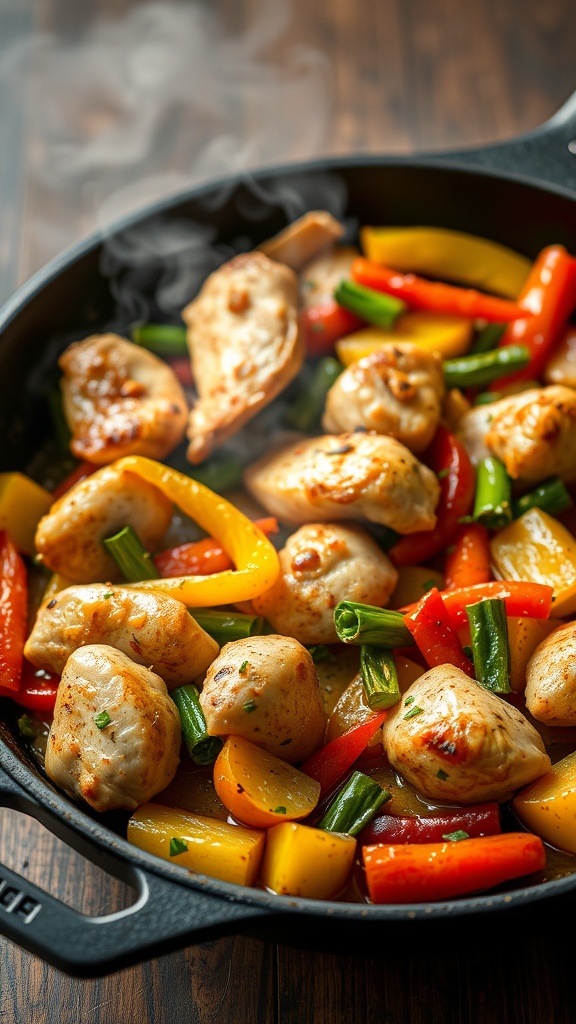 A colorful chicken stir-fry with bell peppers, broccoli, and carrots in a black skillet.