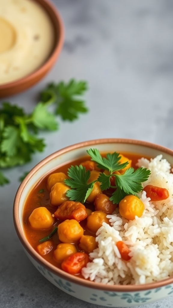 A bowl of chickpea curry served with rice, garnished with cilantro.