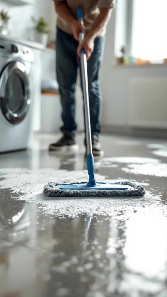 A person mopping a shiny floor in a modern kitchen