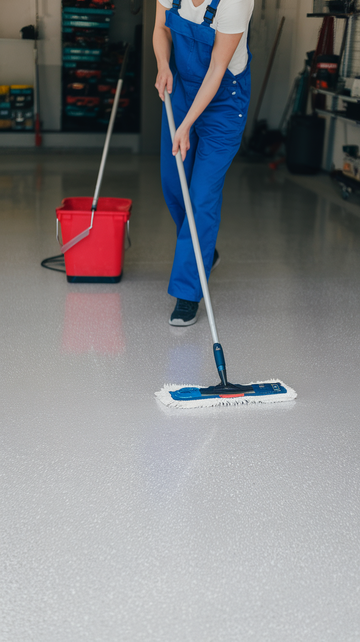 Person cleaning an epoxy floor in a garage with a mop and bucket.