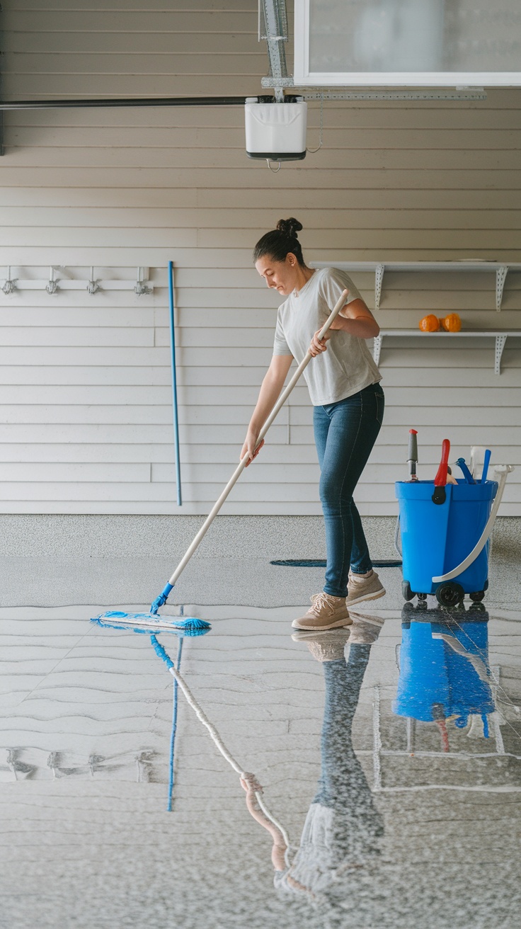 A person mopping an epoxy garage floor with a blue bucket and cleaning supplies.