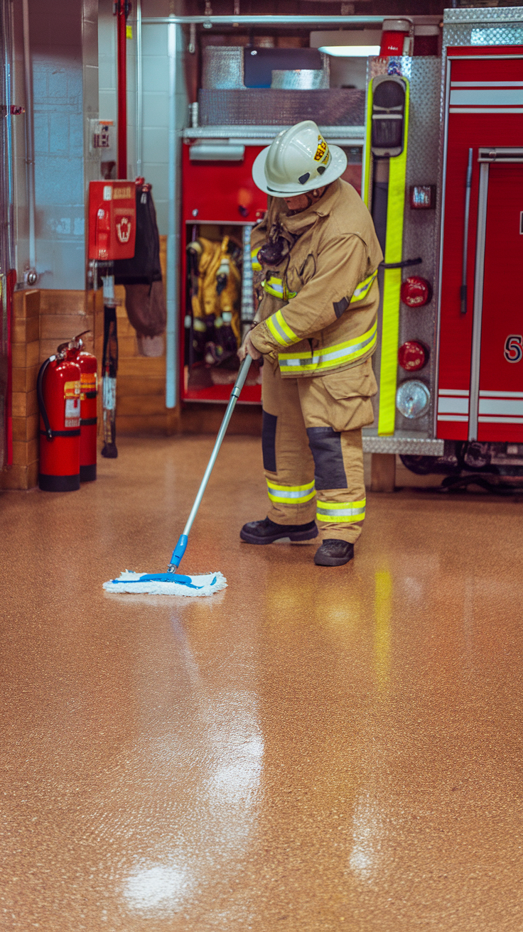 A firefighter mopping an epoxy coated floor in a fire station.