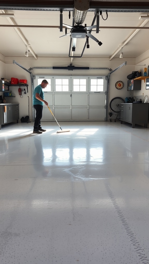 A person mopping an epoxy floor in a clean garage with reflective surfaces.