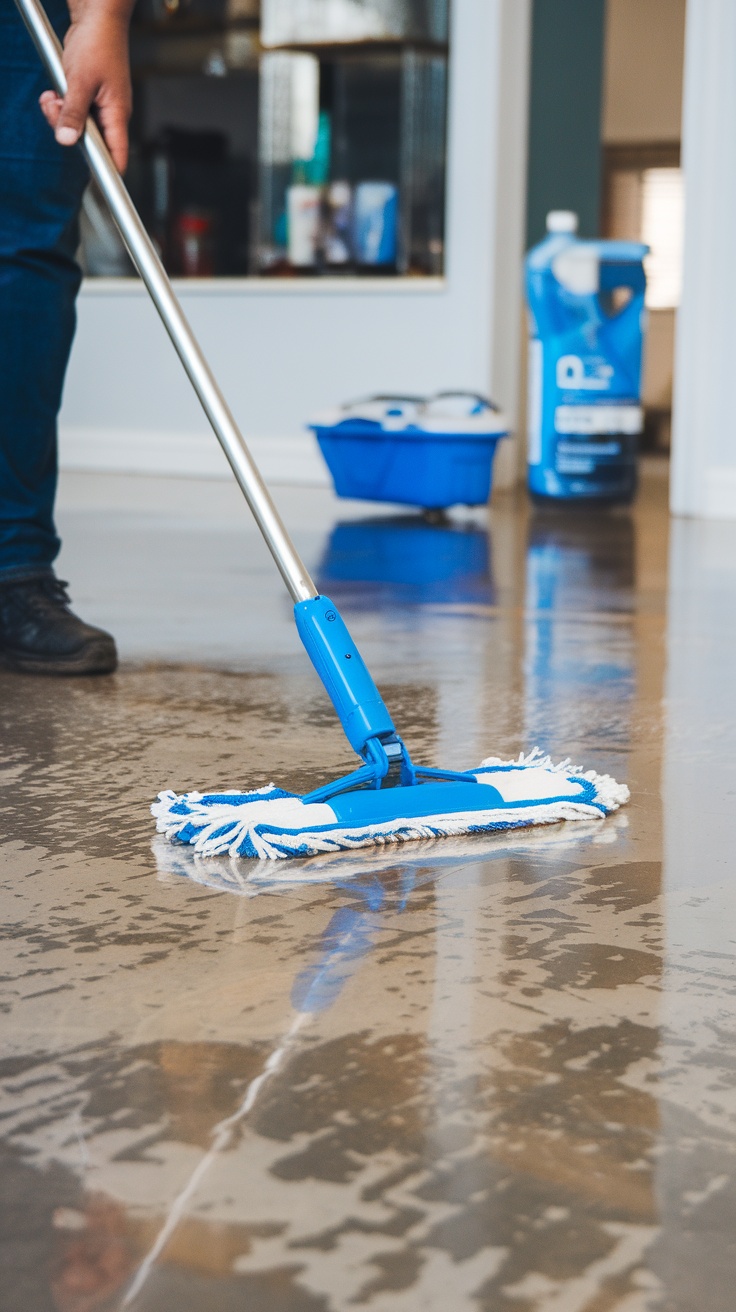 A person cleaning an epoxy floor with a blue mop and bucket in the background.