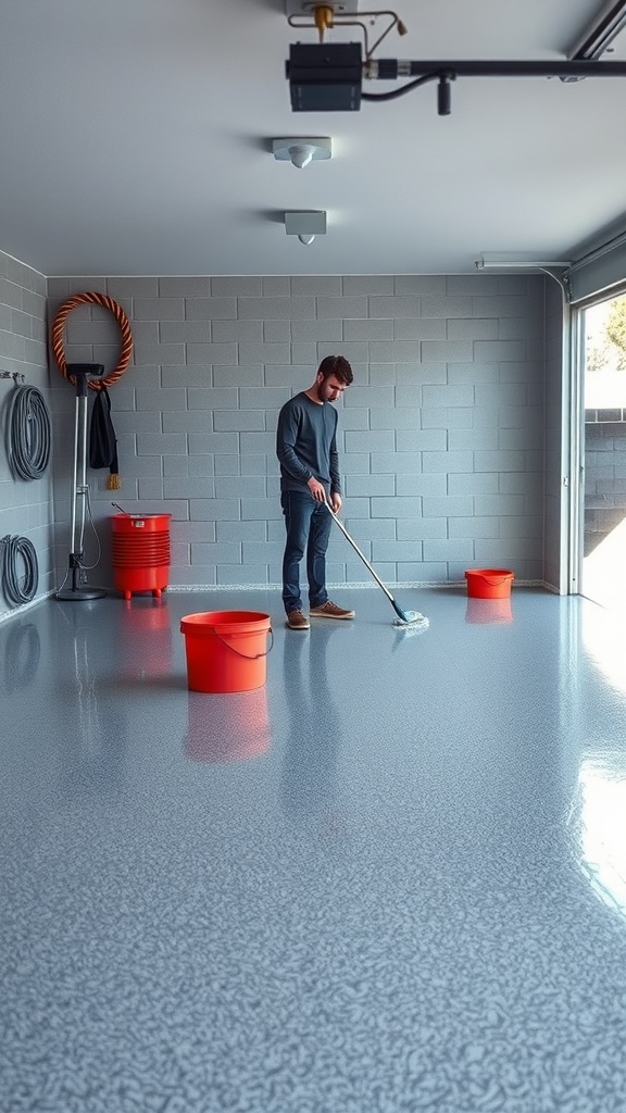 A person cleaning a shiny epoxy garage floor with a mop and red buckets.