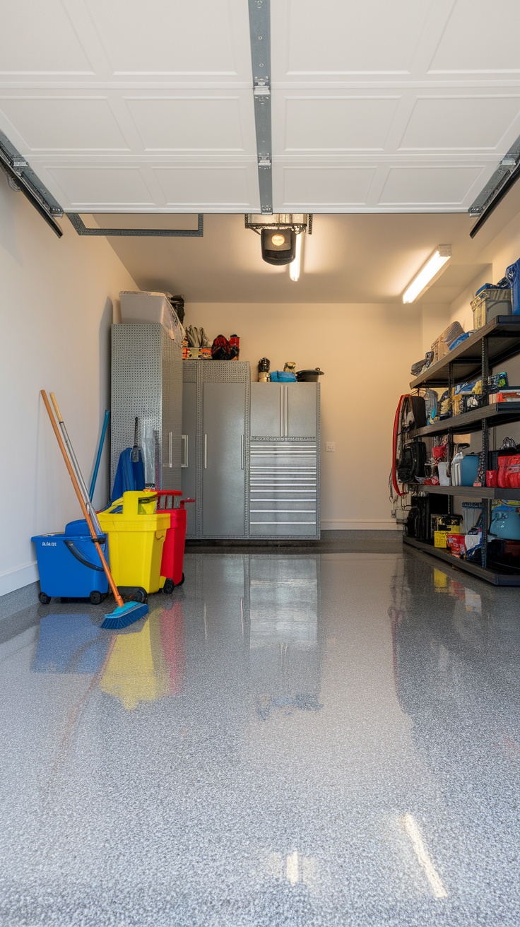 A clean garage with epoxy flake flooring and organized storage.