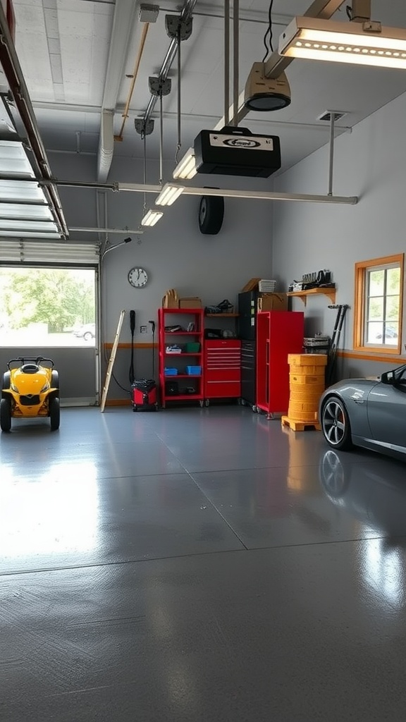 A clean garage with epoxy flooring, featuring a car, a yellow toy vehicle, and organized storage.