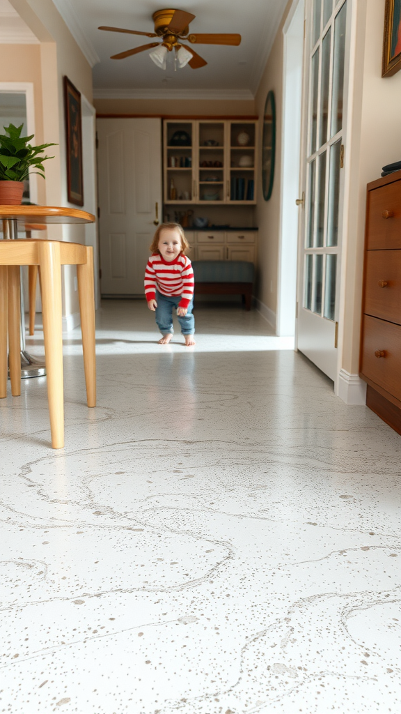 A man mopping a glossy epoxy floor in a modern hallway.