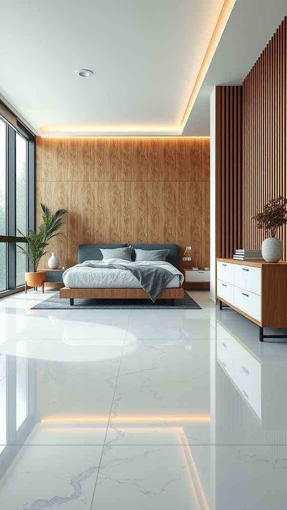 A modern bedroom showcasing a cozy epoxy floor with natural light and elegant decor.