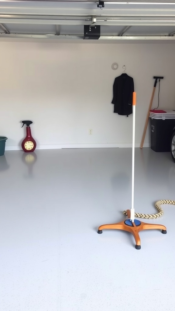 A clean garage with epoxy flooring, tools, and organized space.