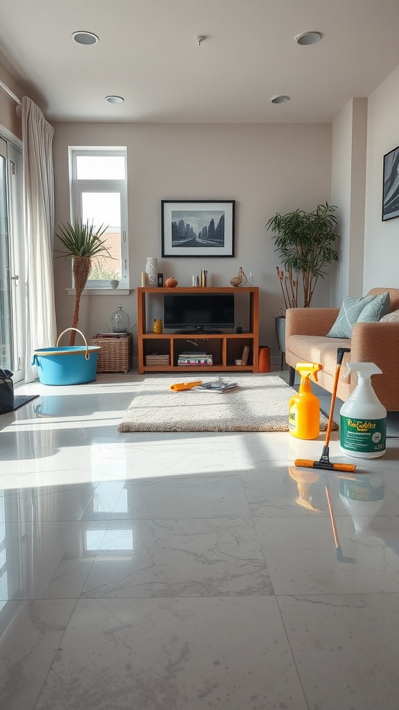 Bright living room with epoxy floors, a cozy couch, and decorative elements.