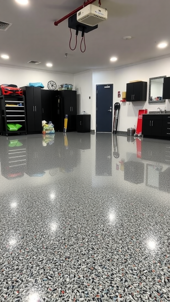 Person cleaning a shiny epoxy garage floor with a mop.