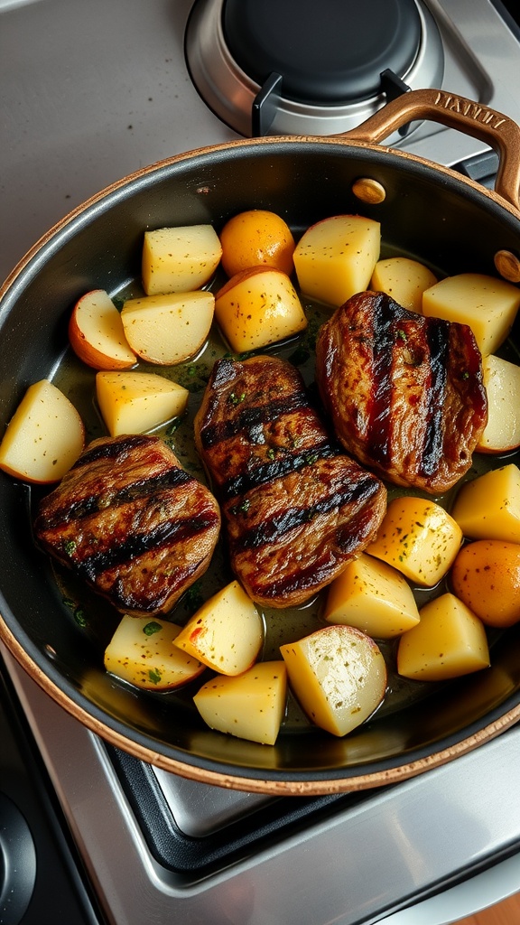 A sizzling one-pan meal featuring steak bites and golden potatoes.
