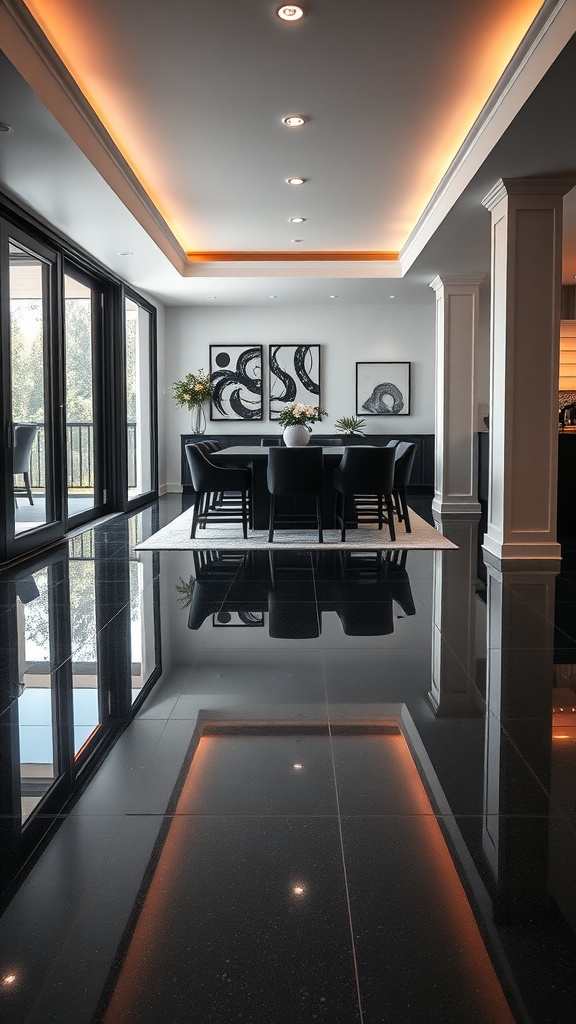 Modern dining area with black epoxy floor and stylish lighting